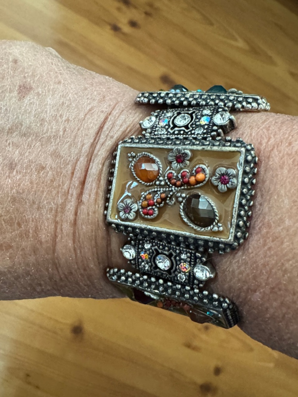 Handcrafted Beaded Silver-Tone Floral Bracelet Watch - Beige